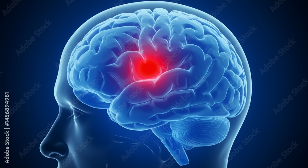 Obraz premium Human Head Silhouette with Brain Illustration Featuring Bright Red Spot on Dark Blue Background