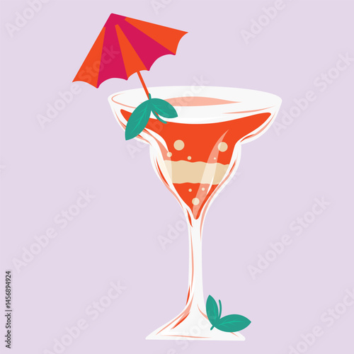 Cocktail illustration on a colorful background, Orange Garnished beverage graphic print. Leaves, bubbles, cocktail umbrella. Vector illustration for cards, designs, postcards, icons, etc	