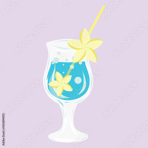 Cocktail illustration on a colorful background, Blue Garnished beverage graphic print. Flowers, bubbles, cocktail straw. Vector illustration for cards, designs, postcards, icons, etc	