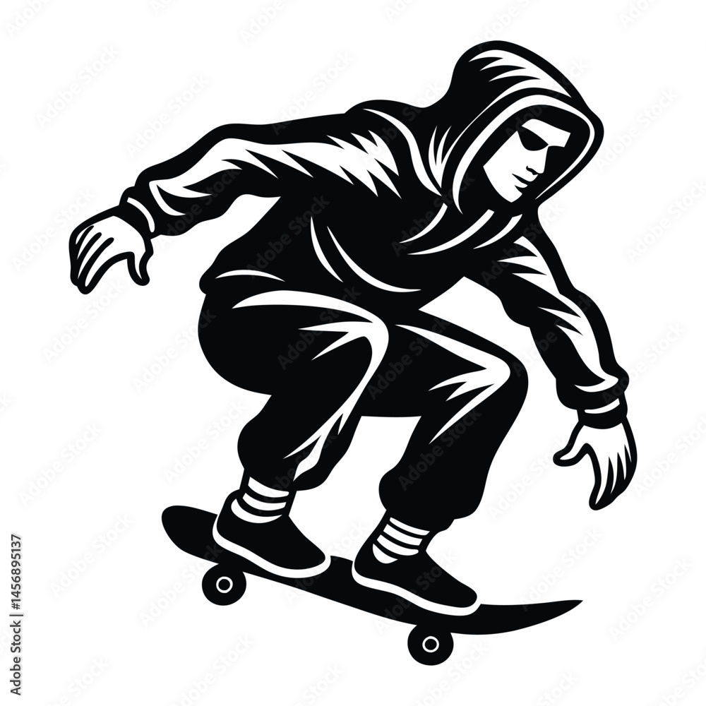 Fototapeta premium Skateboarder Vector Illustration, White Silhouette, Action Sport, Skateboarding Stunt