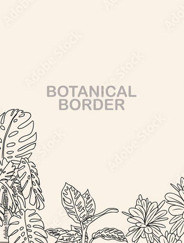 House plants outlined contoured drawing. Botanical card with line art greenery border. Potted indoor exotic plants in vintage retro style. Detailed sketchy Natural hand-drawn vector illustration