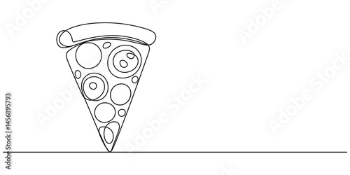 One line  Drawing or illustration of slice of pizza with pepperoni and mushrooms, Continuous single line drawing of delicious sliced cheese pizza design outline vector illustration, Continuous Line.