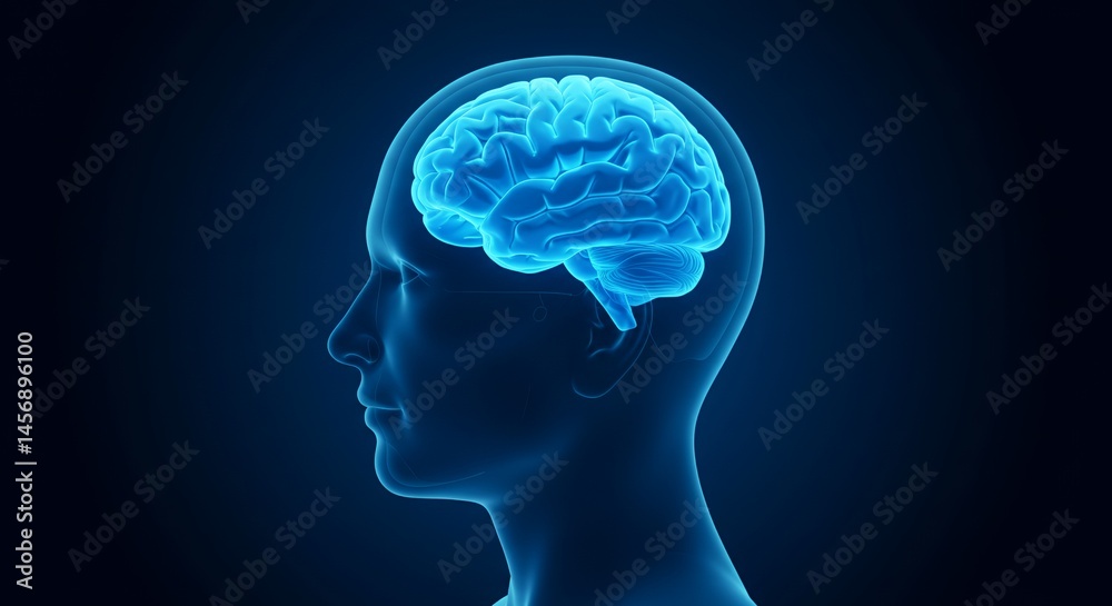Translucent Blue Human Head with Visible Brain Side View Against Dark Blue Background Translucent Blue Human Head with Visible Brain Side View Against Dark Blue Background