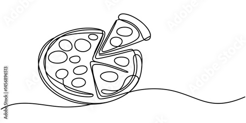 One line  Drawing or illustration of slice of pizza with pepperoni and mushrooms, Continuous single line drawing of delicious sliced cheese pizza design outline vector illustration, Continuous Line.