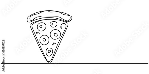 One line  Drawing or illustration of slice of pizza with pepperoni and mushrooms, Continuous single line drawing of delicious sliced cheese pizza design outline vector illustration, Continuous Line.