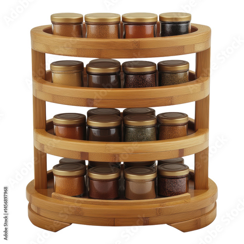 Stylish bamboo spice rack with multiple tiers filled with assorted jars, perfect for organizing spices, herbs, and seasonings in a modern kitchen interior design photo