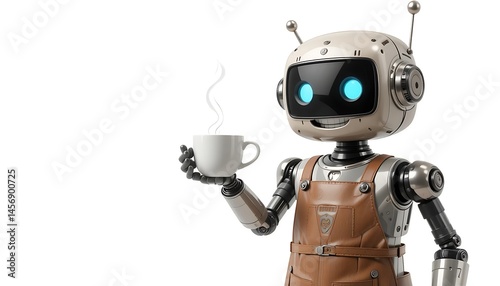 Robot holding coffee cup on white background