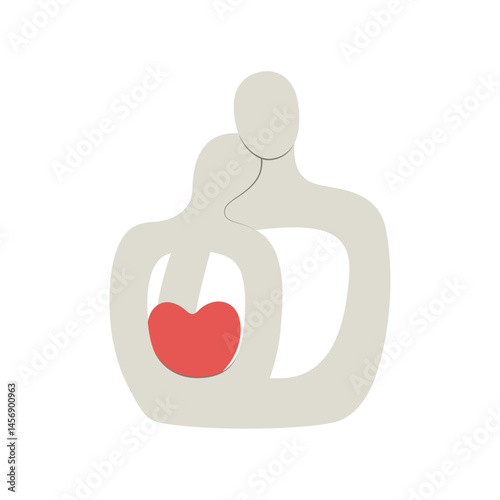 Home Decor. Minimalist abstract illustration of people hugging with heart symbol representing love, care and family bond. Perfect for cards, posters, design projects.