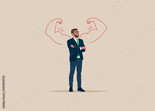 Confident handsome young businessman, high esteem. Man power. Flat vector illustration