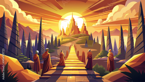 Golden light bathes the sharp marble peaks at sunrise, where monks in saffron robes ascend through pine-scented paths toward hidden temples