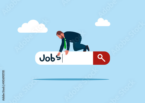 Businessman on job search bar. Looking for new job, employment, career or job search, seek for vacancy or work position. Flat vector illustration