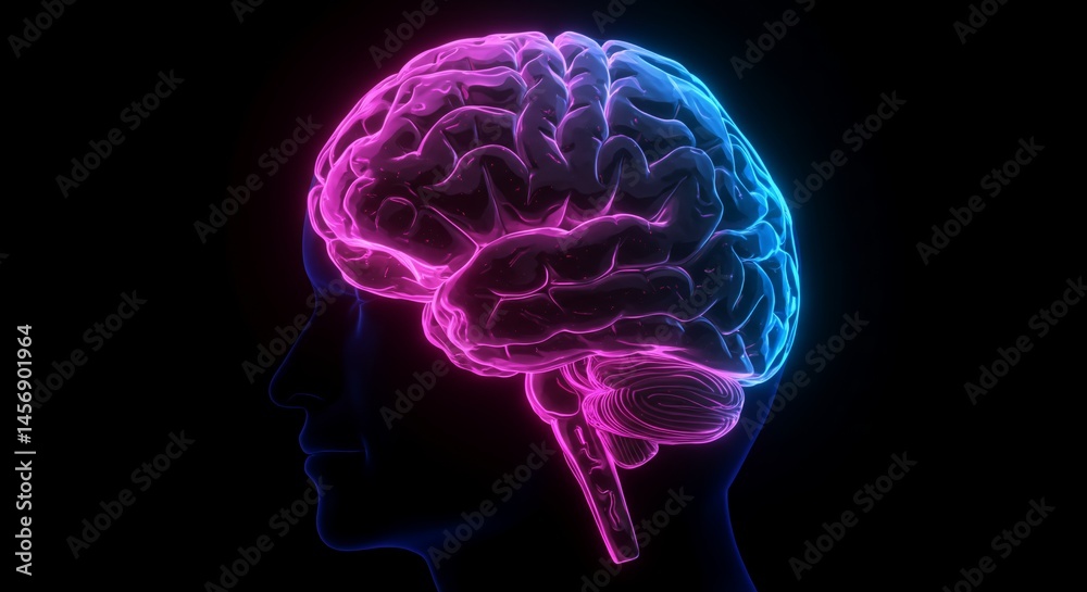 Glowing Pink and Blue Low Poly Brain Inside Human Head Silhouette on Black Background Glowing Pink and Blue Low Poly Brain Inside Human Head Silhouette on Black Background