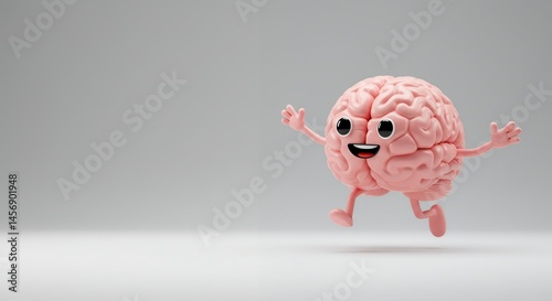 Cheerful Light Pink Brain Character Dancing on White Background Illustration Promoting Mental Health Awareness