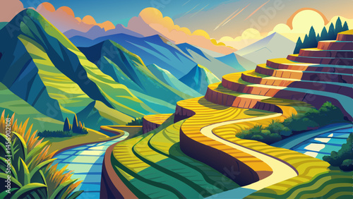 A narrow trail hugs the edge of a gleaming white marble ridge, overlooking rice terraces and a far-off river winding through the valley below