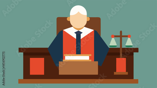 Judge at the Bench A frontfacing illustration of a judge in robes sitting at a large wooden bench looking down with a gavel in hand surrounded by books and legal papers.