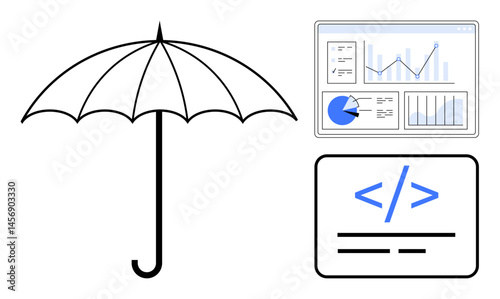 Open umbrella symbolizing protection, a data analytics dashboard with charts, and coding snippet. Ideal for technology, data security, programming, risk management, insurance, digital innovation