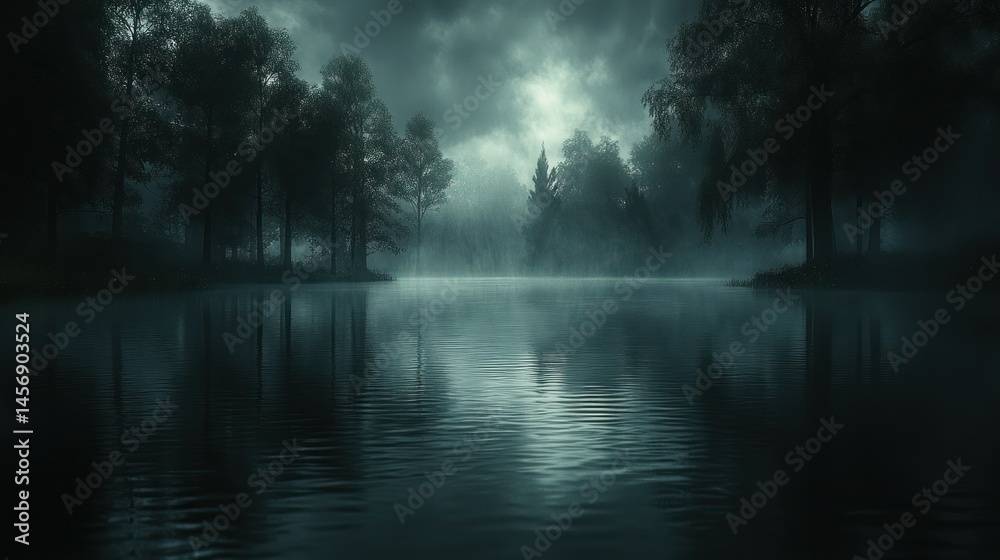 Fototapeta premium Misty lake shrouded in ominous darkness