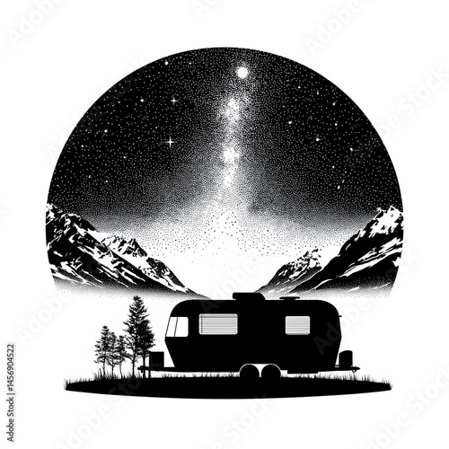 Flat ultra minimal black vector of a camper trailer under a starry sky, clean eco-travel adventure icon on white background