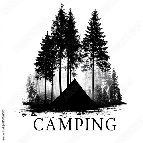 Flat minimal black vector of a simple tent under a pine tree, with pure shapes and no gradients, symbolizing eco-camping, on a white background