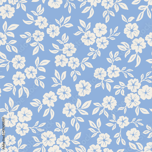 Dense Ditsy Floral Seamless Vector Pattern Pastel Blue and Cream White fabric print, scrapbooking