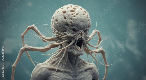 Hyperrealistic Close Up of a Grotesque Pale Alien Creature with Bulbous Porous Head and Multiple Sharp Spindly Offwhite Limbs in Front of a Gray Textured Background