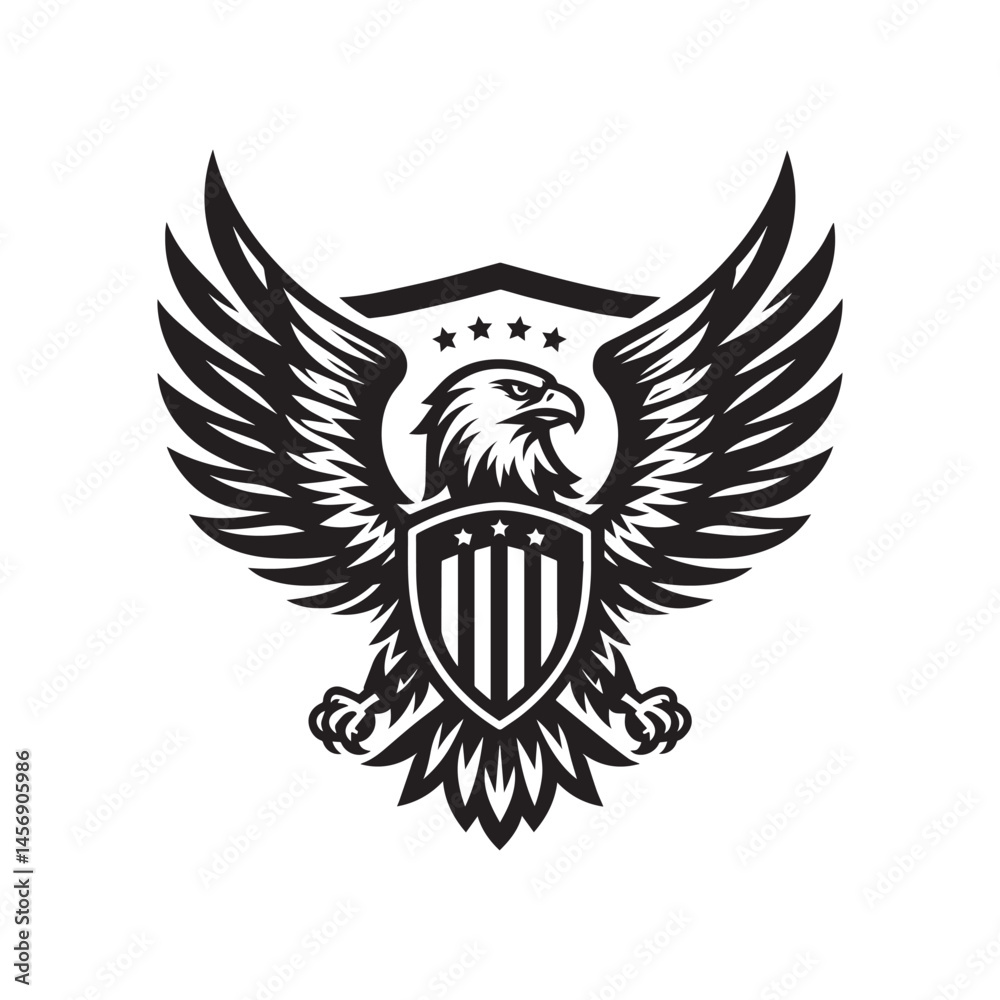 Obraz premium Black and white Patriotic Eagle Emblem with Shield and Stars vector illustration isolated on a white background