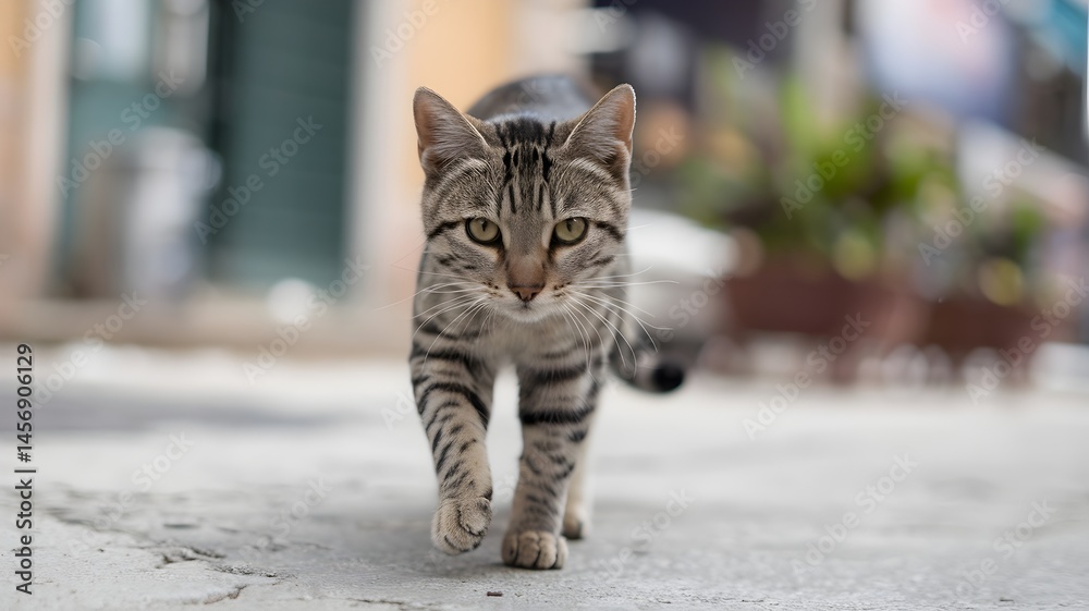 Naklejka premium A striped cat walking towards the camera on a street, portrait. The cat has a striped pattern