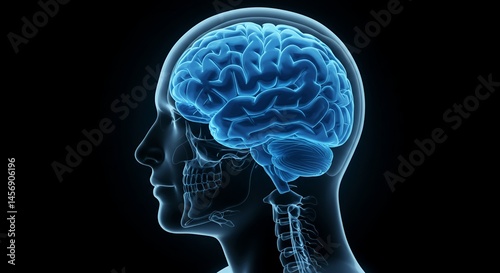Blue Brain X Ray Profile Digital Rendering on Black Background
