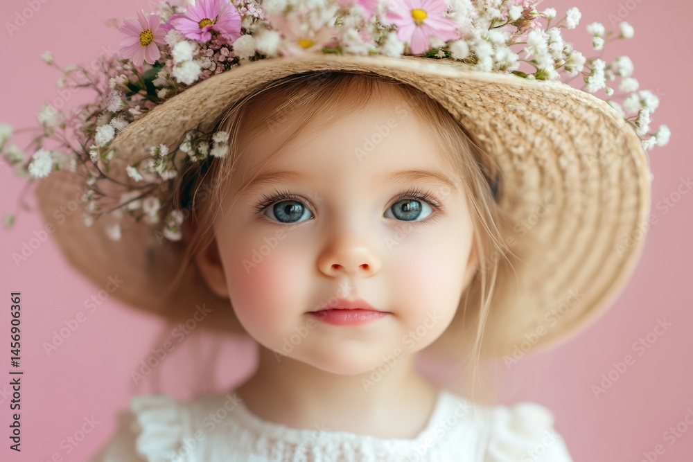 Close-up portrait of cute little girl wearing straw hat decorated with flowers, posing against pink background Close-up portrait of cute little girl wearing straw hat decorated with flowers, posing against pink background
