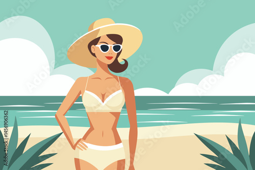 Beautiful woman in swimsuit and hat on the beach. Summer time, vacation and travel concept. Illustration.