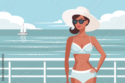 Woman in swimsuit with sunglasses and hat on the beach. Summer time, vacation and travel concept. Illustration.