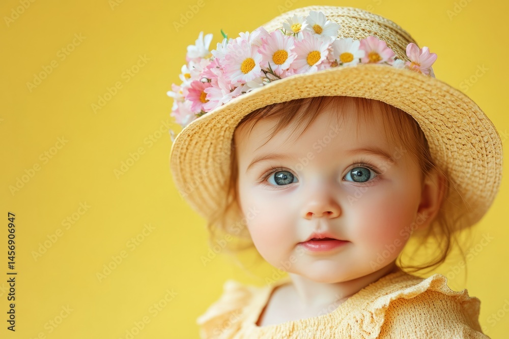 Portrait of cute baby girl wearing straw hat decorated with flowers, posing on yellow background Portrait of cute baby girl wearing straw hat decorated with flowers, posing on yellow background