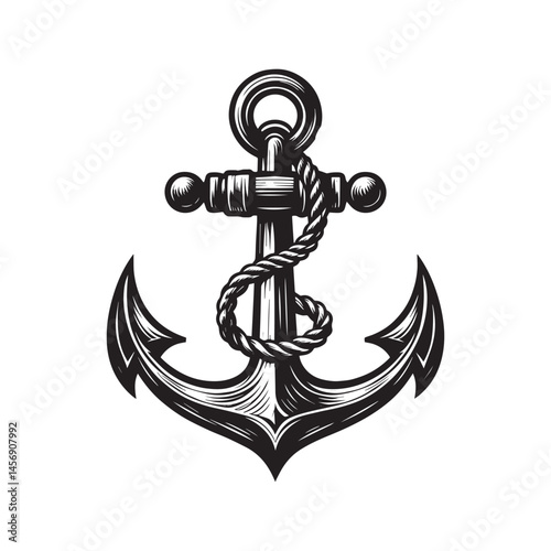 Hand-drawn black and white vintage style Nautical Anchor vector illustration isolated on a white background