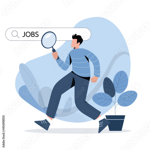Person searching for jobs with magnifying glass, symbolizing job hunting and career exploration