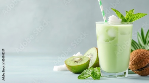 This refreshing green smoothie is made with kiwi, coconut, and mint leaves, showcasing a vibrant color palette, ideal for healthy and energizing beverages.