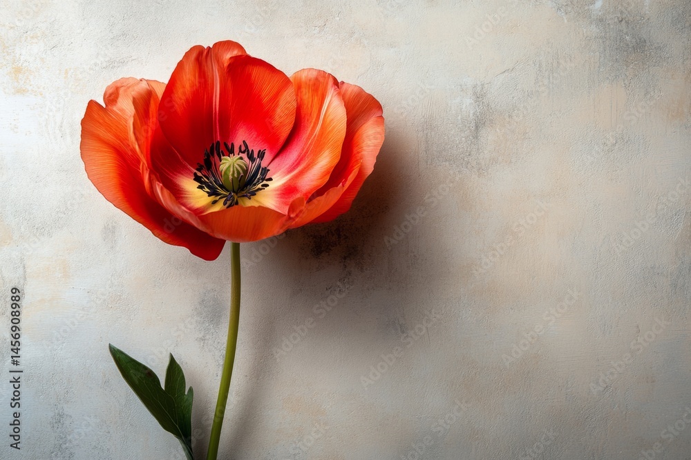 Naklejka premium Vibrant red poppy blossom on a textured background, creating a serene and artistic composition with ample copy space