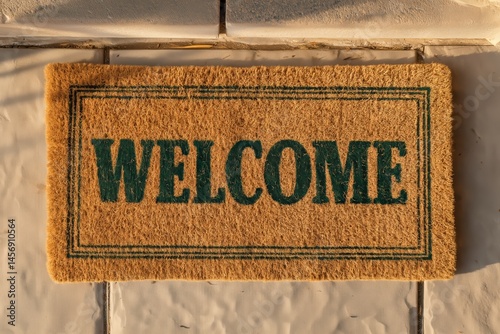 Overhead view of welcome mat outside inviting front door of house