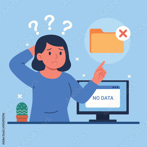 No data illustration, loss on computer with missing folder and error notification concept