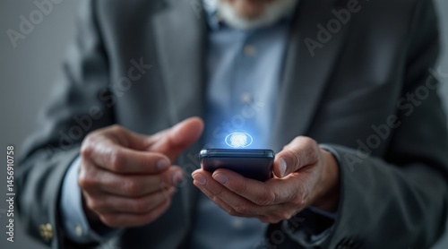 A man in a suit uses fingerprint authentication on a smartphone, emphasizing mobile security and technology.