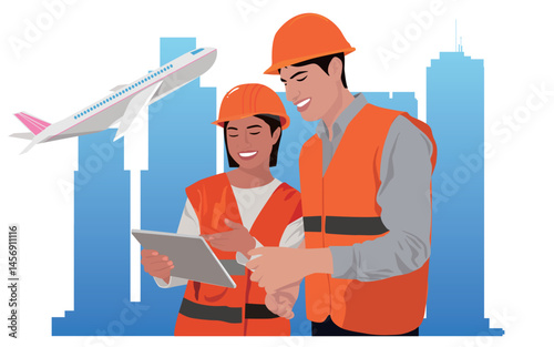 Labour. Workers discussing engineering project illustration