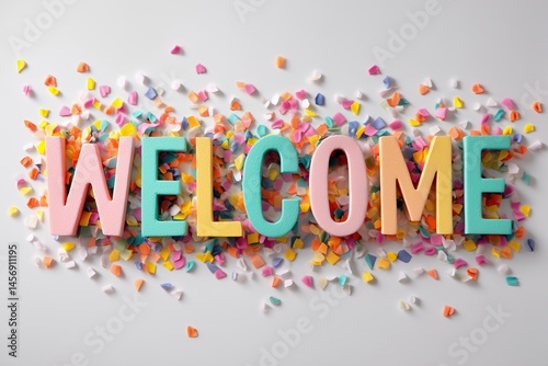 Paper welcome confetti sign on white background