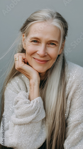 An elegant and smiling woman in her fifties with long silver hair, wearing a soft grey sweater, AI