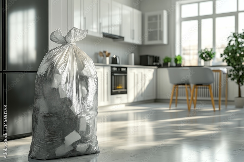 Obraz premium Overflowing garbage bag is sitting on a bright kitchen floor, waiting to be taken out to the dumpster
