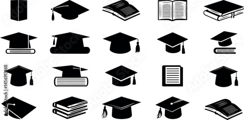 Graduation elements including caps, books, and scrolls in black silhouette vector design