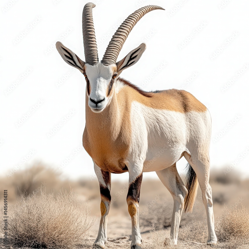 Fototapeta premium Elegant Arabian Oryx Standing Proudly in Arid Desert Landscape on Sunny Day