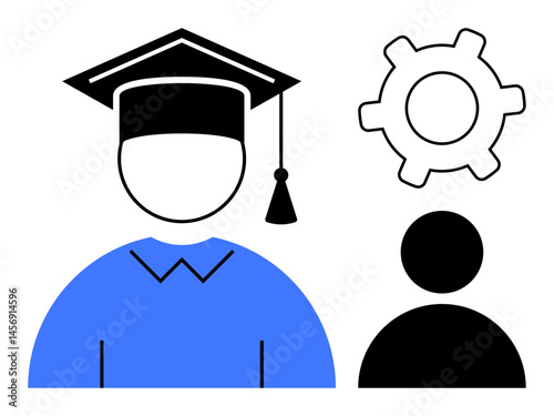 Graduate figure in cap and gown accompanied by a gear and individual icon, suggesting skills application, workforce entry, or collaboration. Ideal for education, career development, training