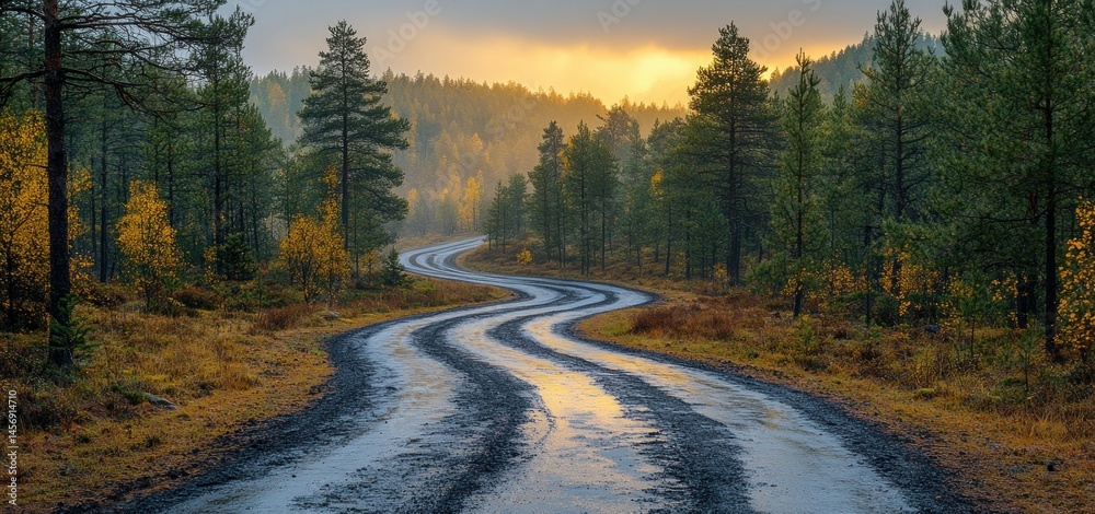 Obraz premium Serene Autumnal Road Winding Through Misty Forest at Sunrise