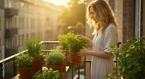 Woman tending herb garden on balcony