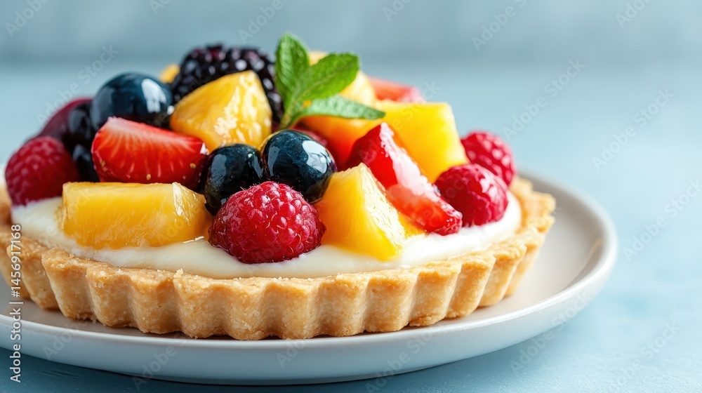 An inviting fruit tart adorned with an assortment of berries and tropical fruits, served over a creamy custard filling in a golden, flaky crust, perfect for dessert lovers. An inviting fruit tart adorned with an assortment of berries and tropical fruits, served over a creamy custard filling in a golden, flaky crust, perfect for dessert lovers.