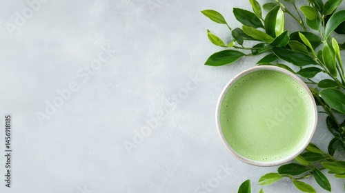 A delightful bowl of matcha green tea resting among vibrant leaves, evoking wellness, tranquility, and the beauty of nature in a serene tea-drinking experience.